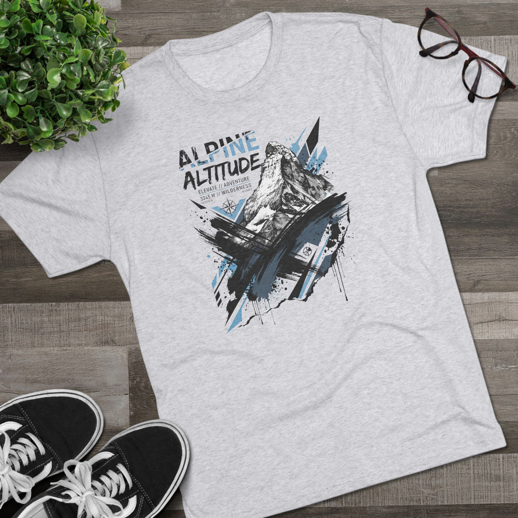 Graphic hiking T-shirt in light heather gray, mountain peak illustration with blue accents