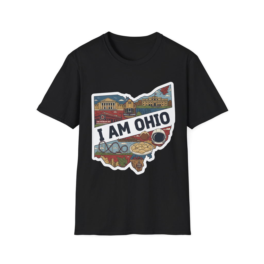 Black I Am Ohio T-shirt with Ohio map graphic, landmarks and skyline text
