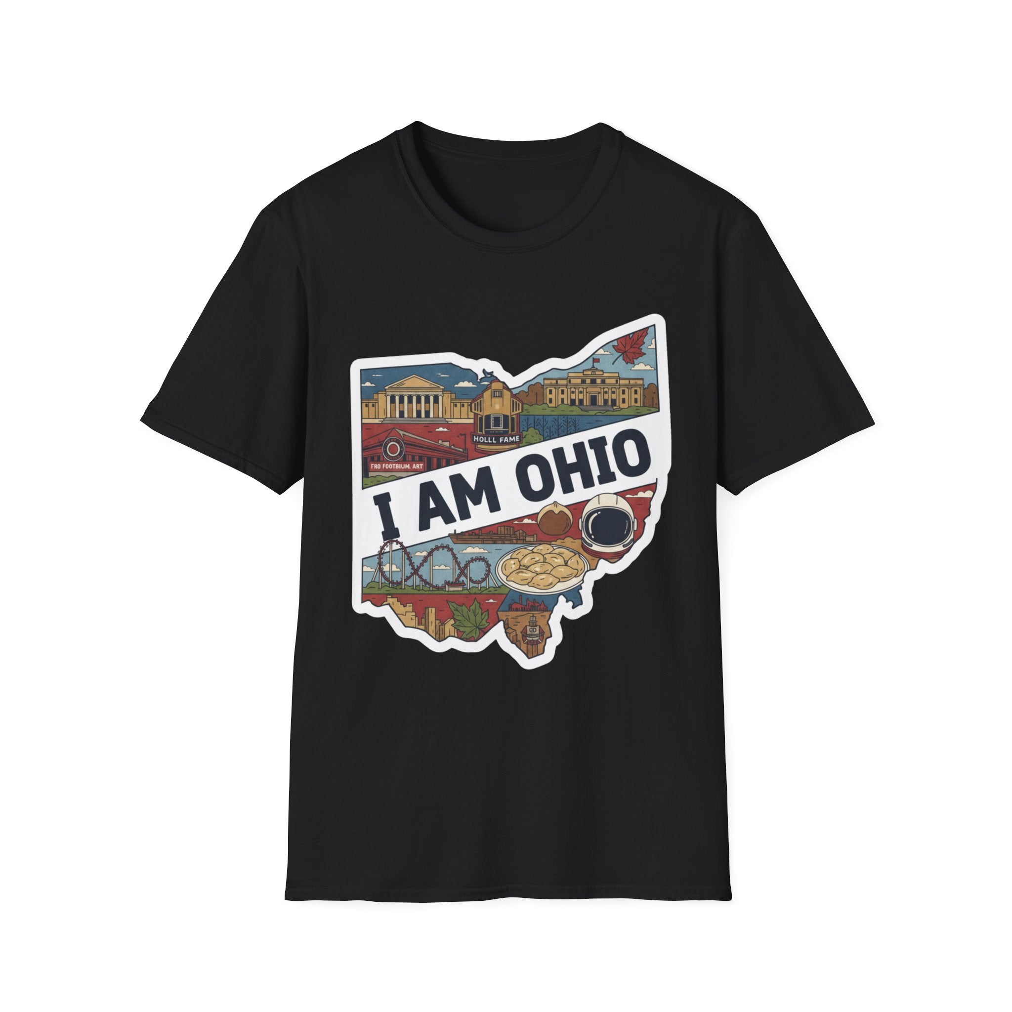 Black I Am Ohio T-shirt with Ohio map graphic, landmarks and skyline text