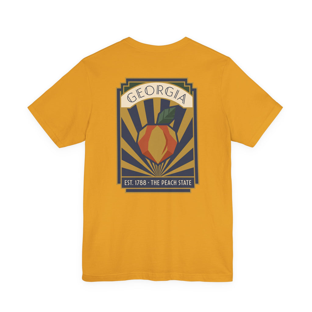 Peach-state graphic t-shirt in mustard yellow with centered Georgia emblem poster print