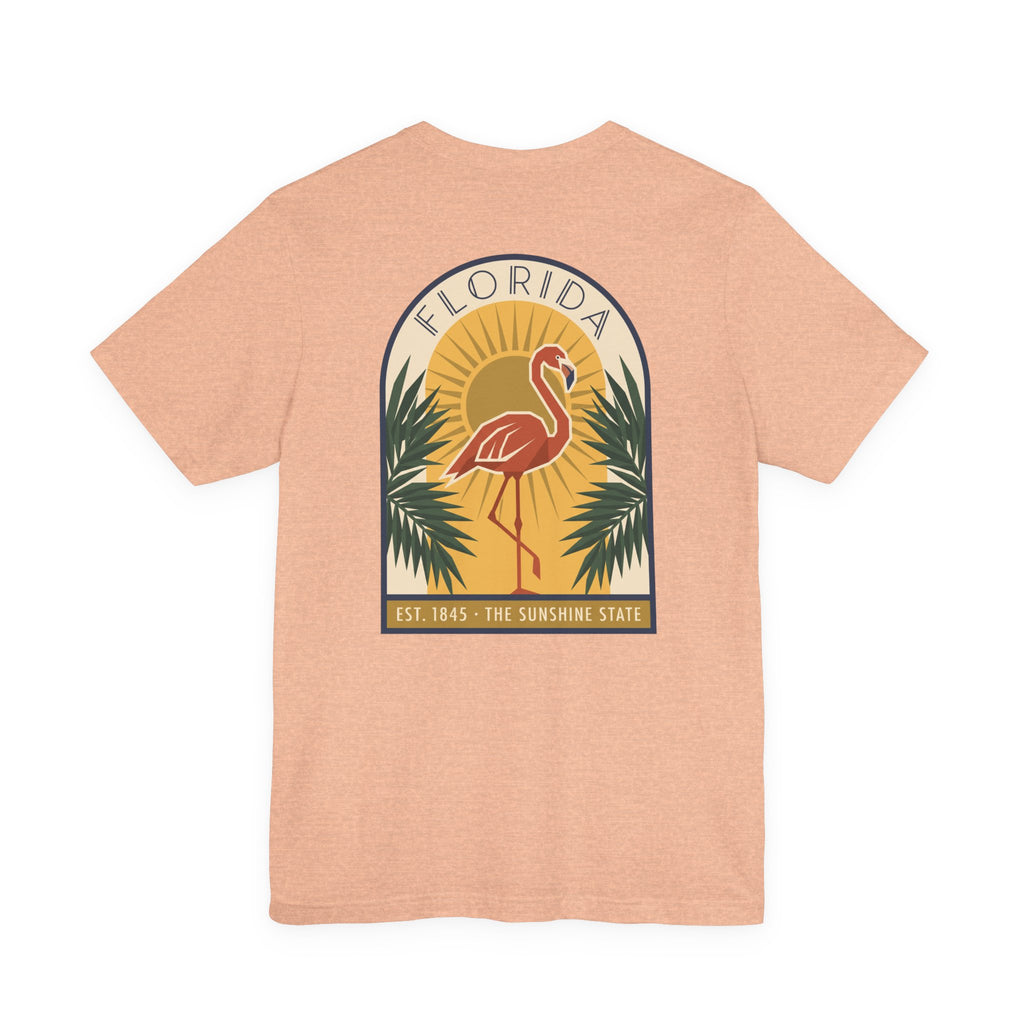 Peach flamingo art deco T-shirt with Florida badge and palm graphic