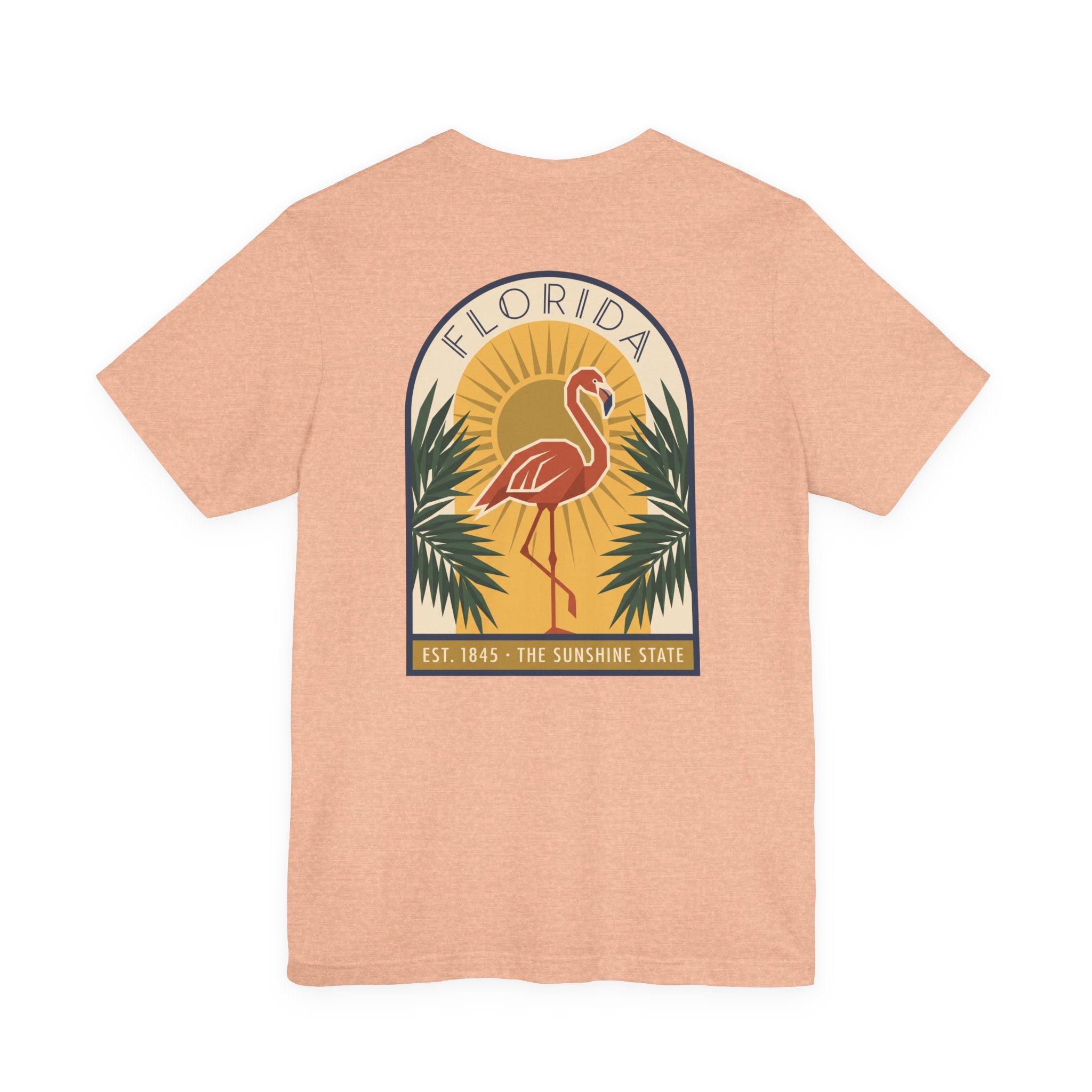 Peach flamingo art deco T-shirt with Florida badge and palm graphic