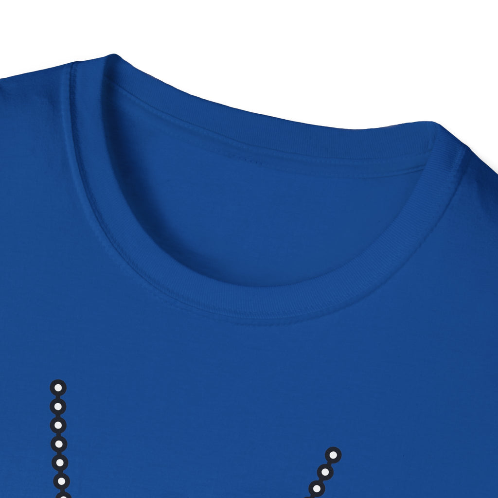 Royal blue T-shirt crew neck with partial chain and dog tag graphic detail