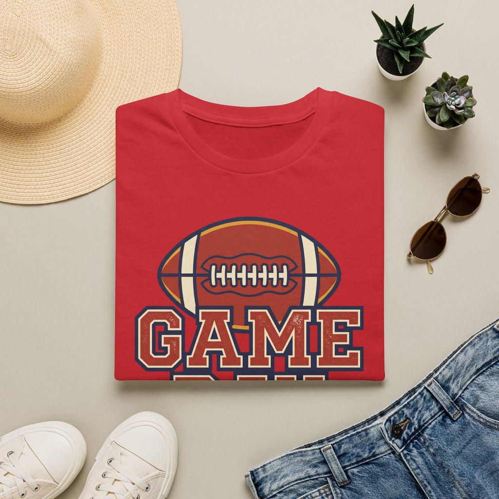 Red football fan T-shirt with “GAME” graphic and football icon on the chest