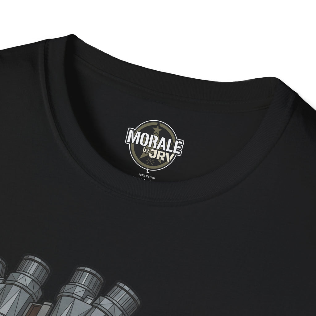 Black T-shirt neckline with circular “Morale by DRV” logo patch
