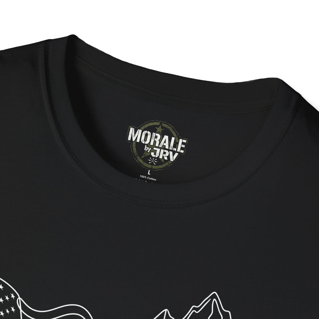 Black T-shirt neckline close-up with brand logo on inner neck