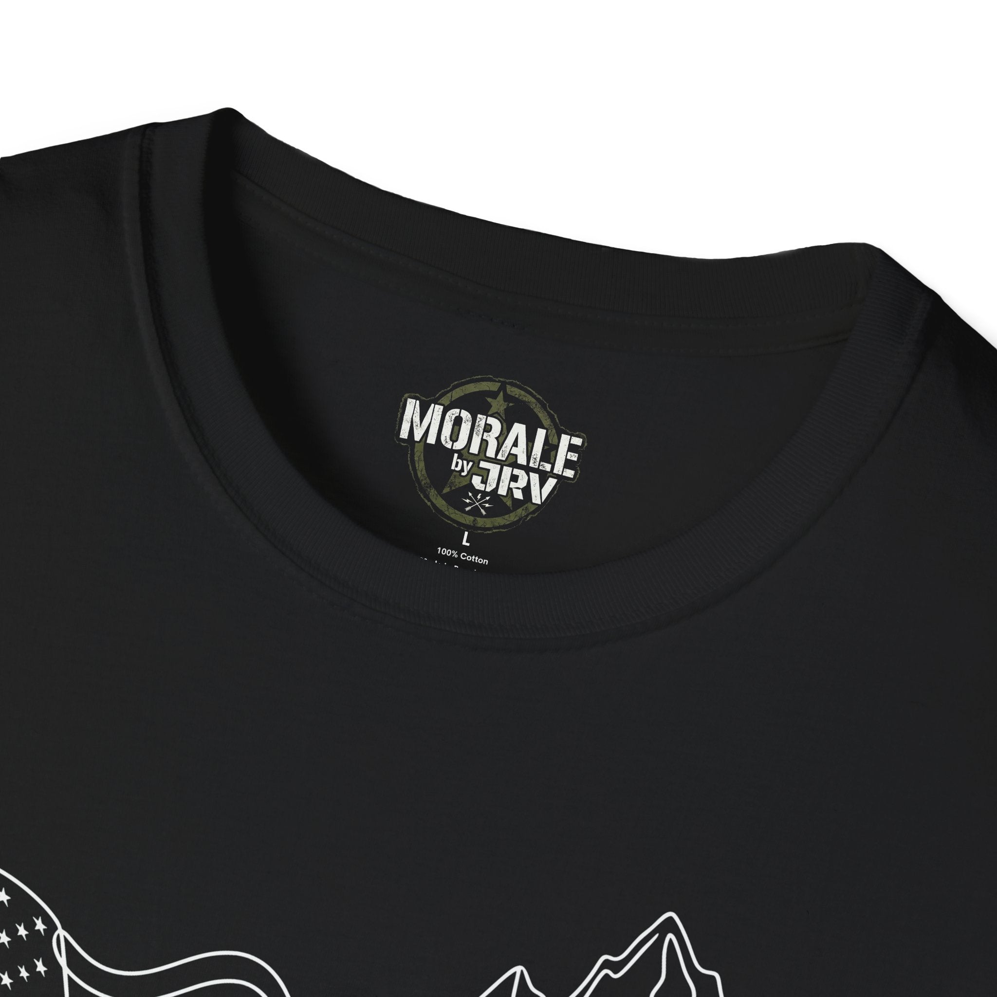 Black T-shirt neckline close-up with brand logo on inner neck