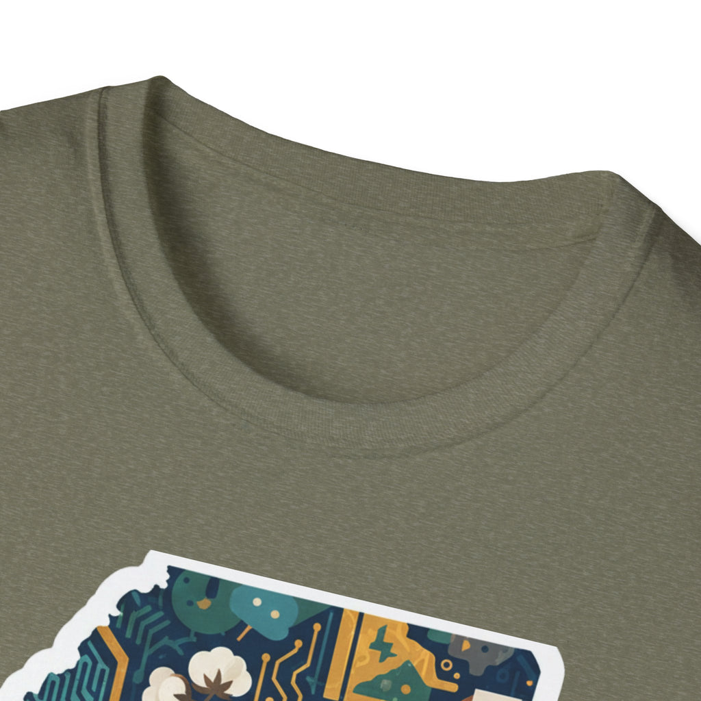 Olive green T-shirt with crew neck and partial Mississippi map graphic