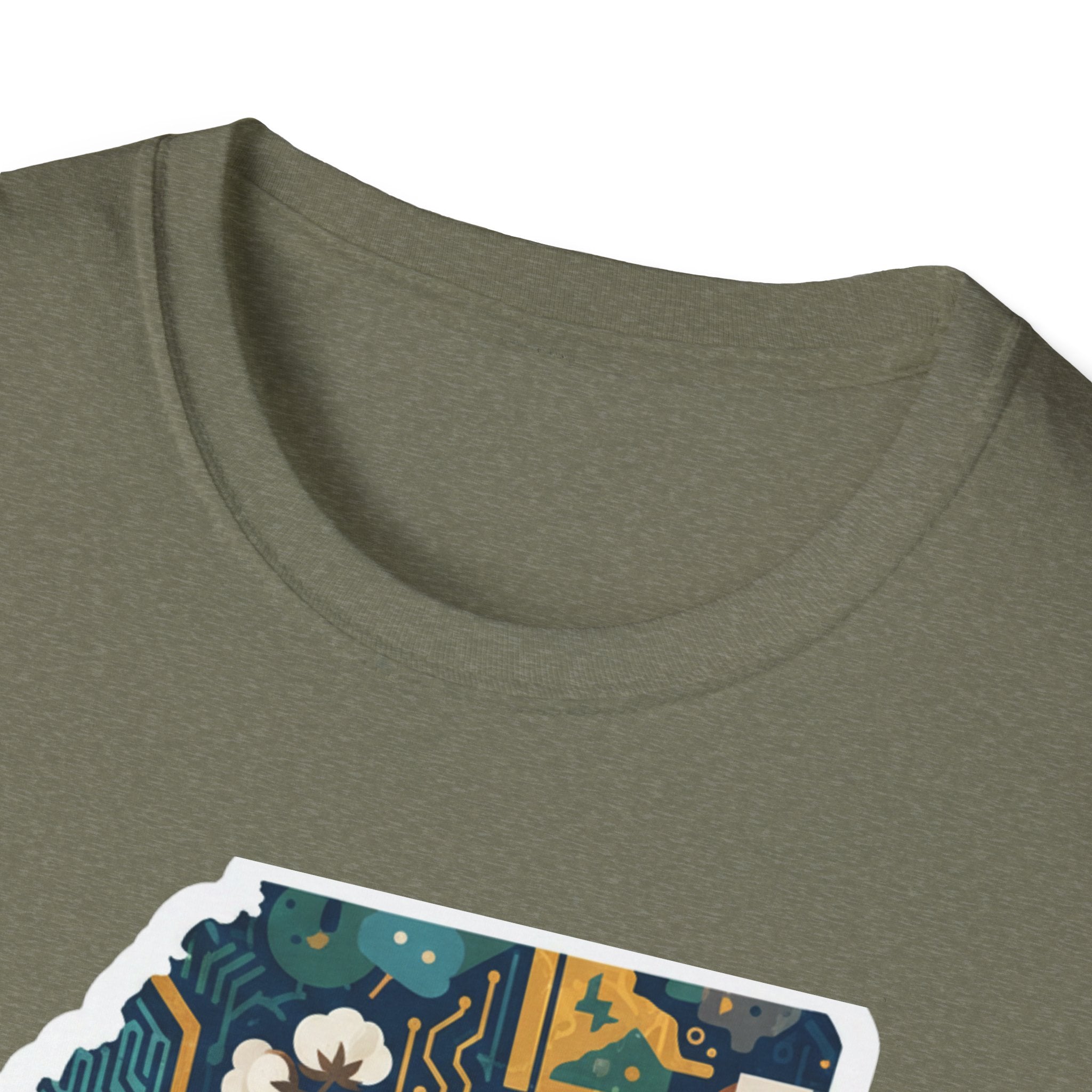 Olive green T-shirt with crew neck and partial Mississippi map graphic