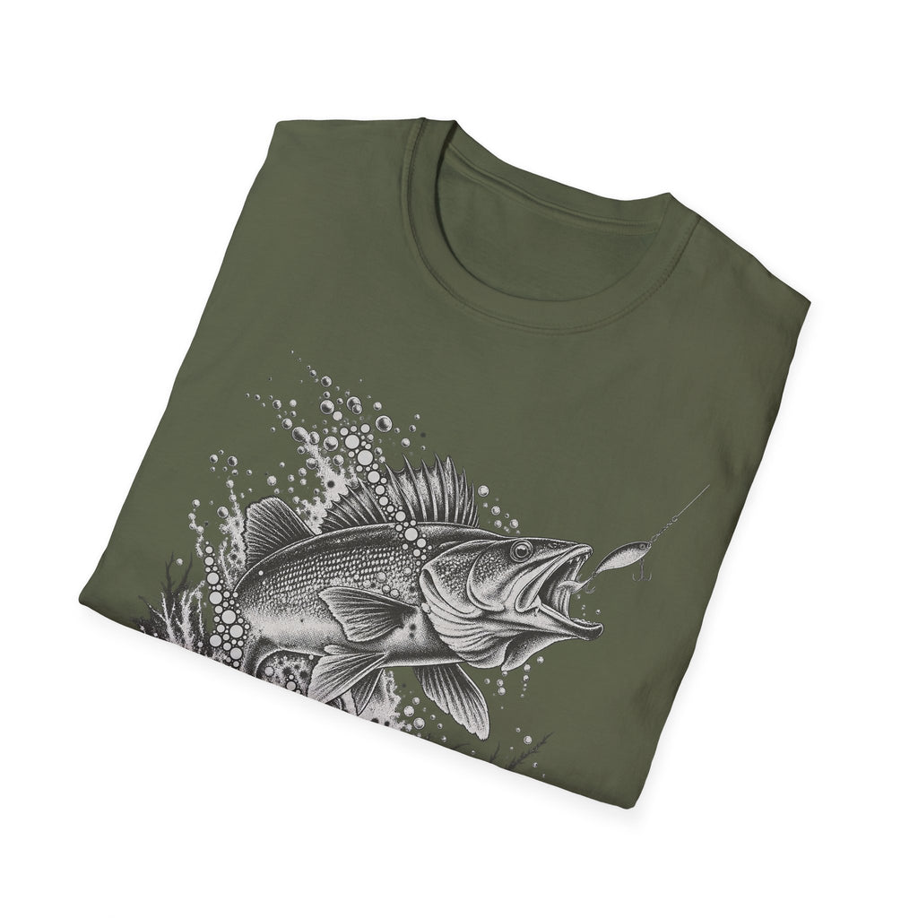Walleye fishing T-shirt in olive green with front leaping fish graphic in white
