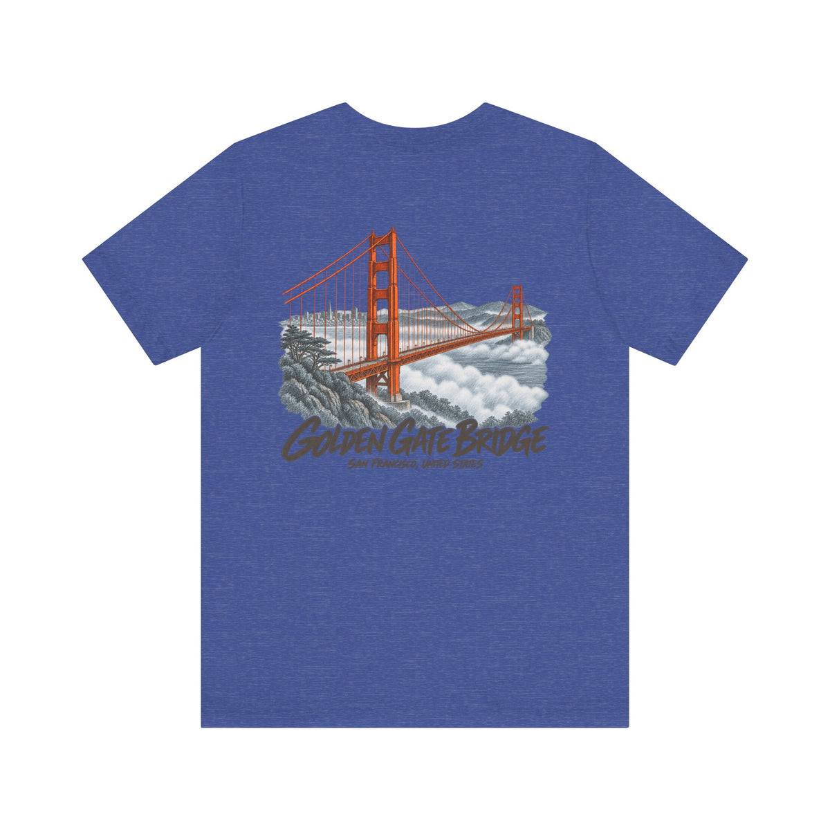 True royal blue T-shirt with Golden Gate Bridge graphic print on the chest