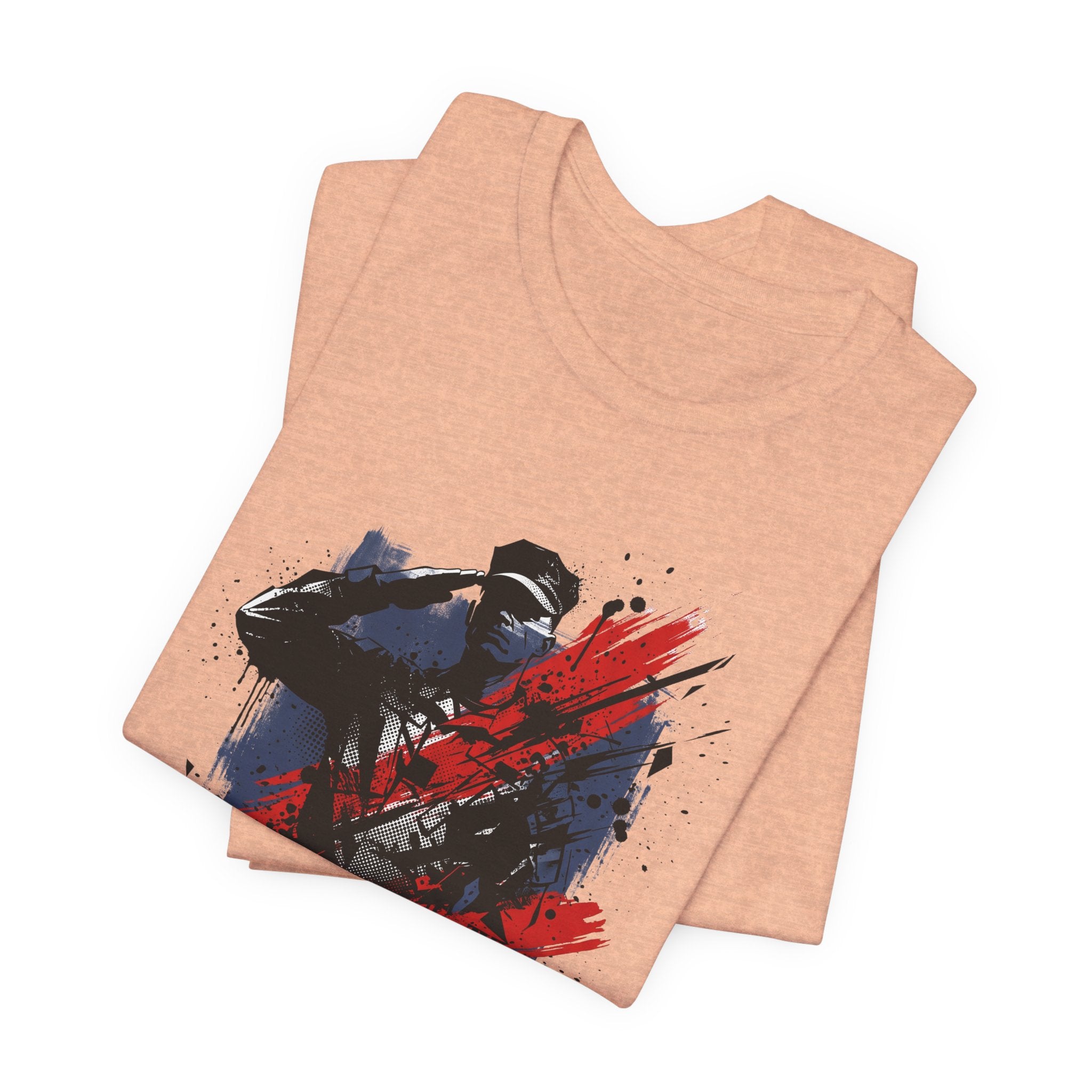 Light peach T-shirt with front graphic of soldier silhouette in red and blue splatter