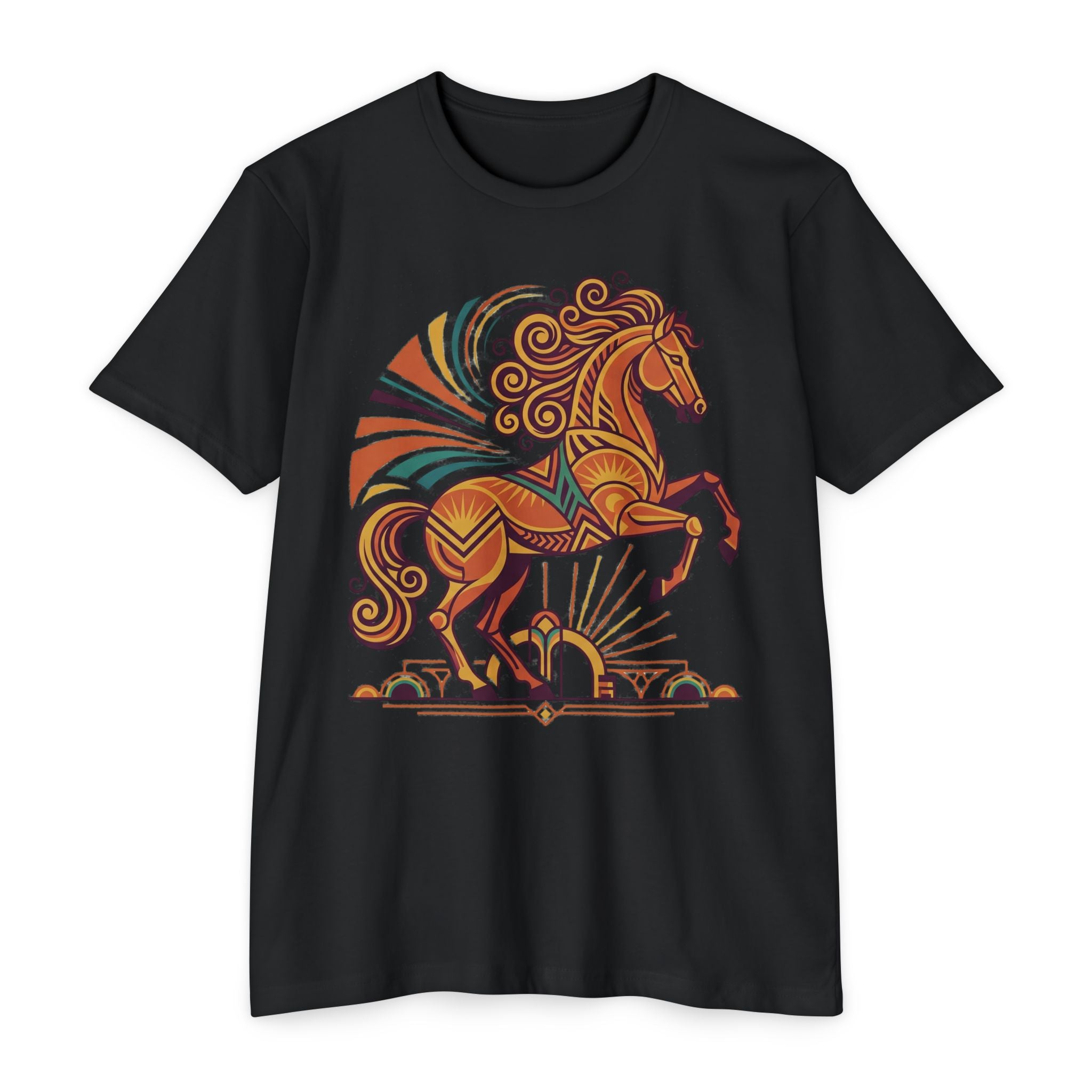 Black t-shirt with prancing horse graphic in orange and teal swirl details.