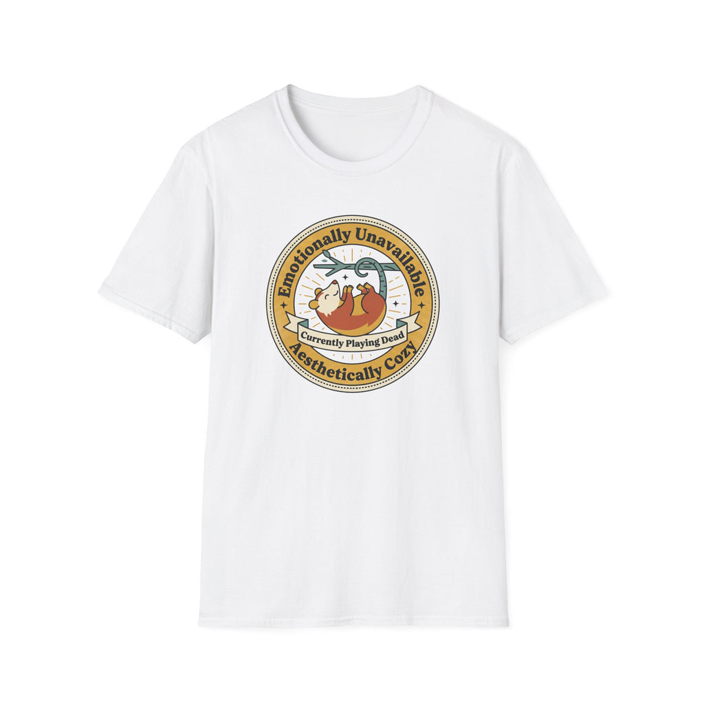 White T-shirt front featuring round sloth graphic with “Currently Playing Dead” text