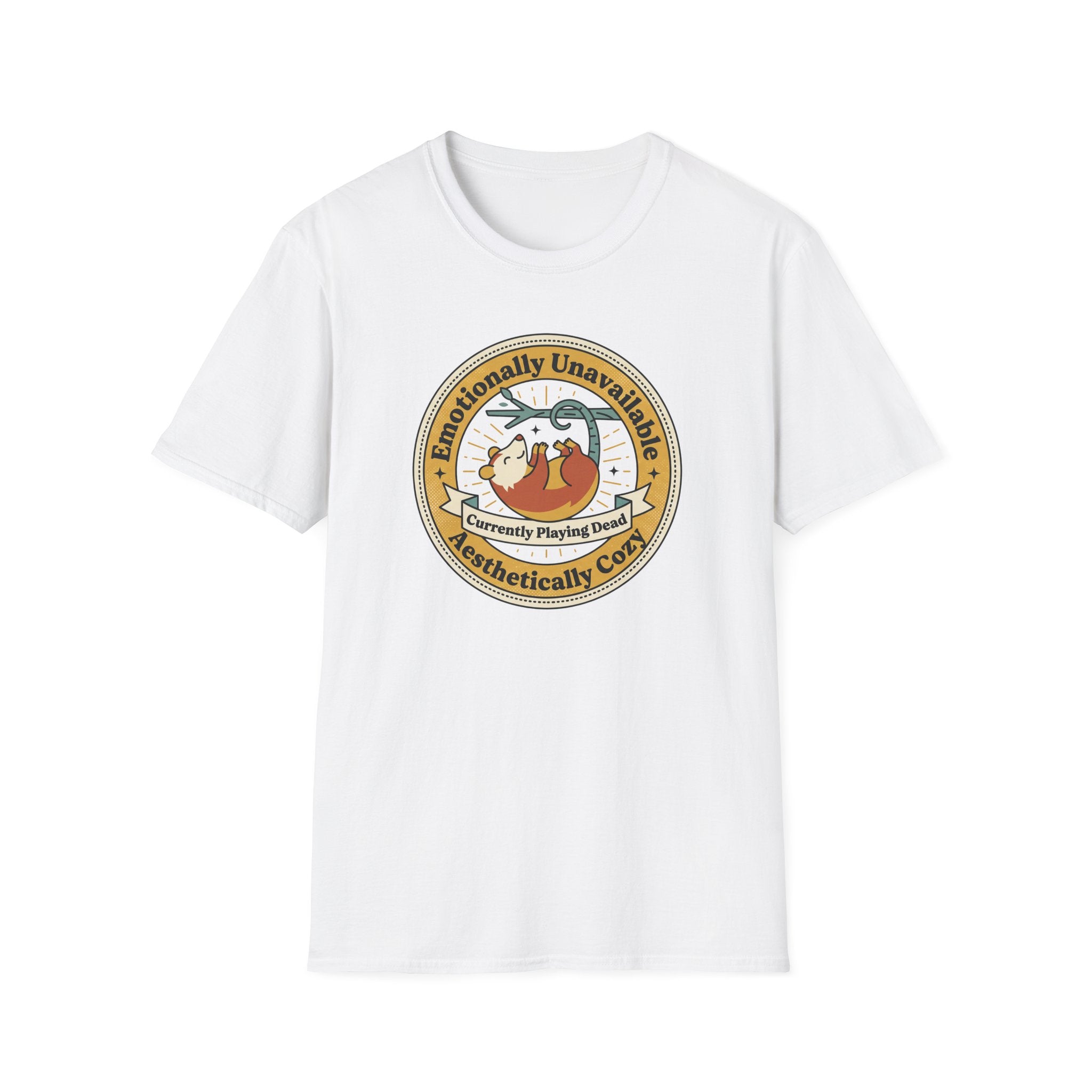 White T-shirt front featuring round sloth graphic with “Currently Playing Dead” text