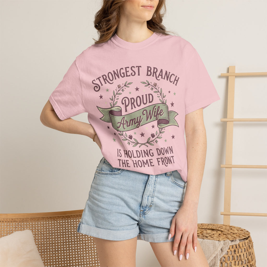 Soft pink women's T-shirt with 'Proud Army Wife' emblem and 'Strongest Branch' text