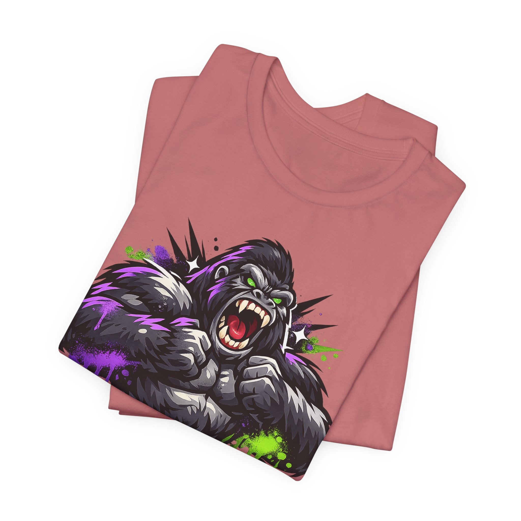 Dusty rose graphic gorilla roaring face T-shirt with neon purple and green splatter