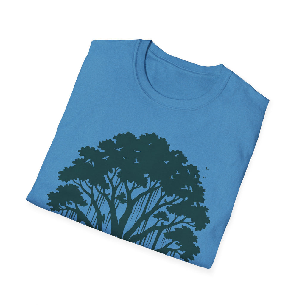 Teal T-shirt with jungle tree silhouette graphic on the chest