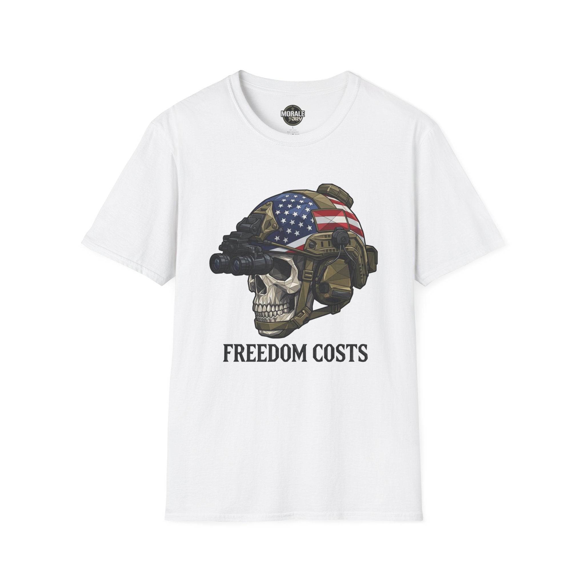 White tee: skull soldier helmet with U.S. flag graphic and "FREEDOM COSTS" text