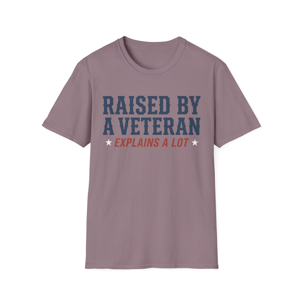 Heather purple crewneck T-shirt with veteran family slogan graphic on chest