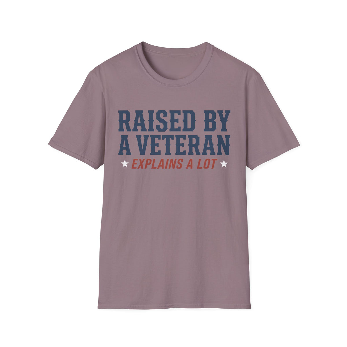 Heather purple crewneck T-shirt with veteran family slogan graphic on chest