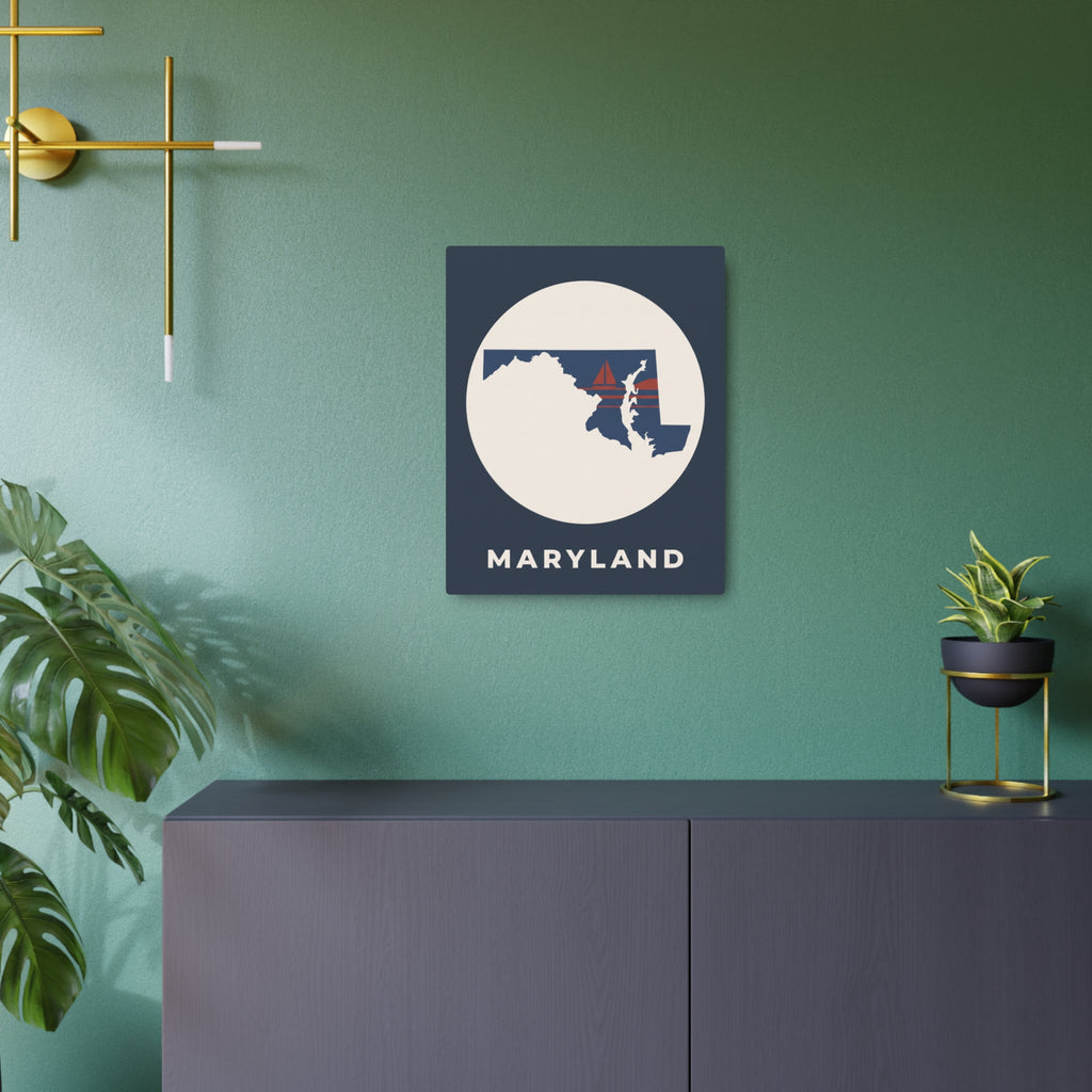 Wall-mounted metal art sign: dark blue square with white circle and Maryland map