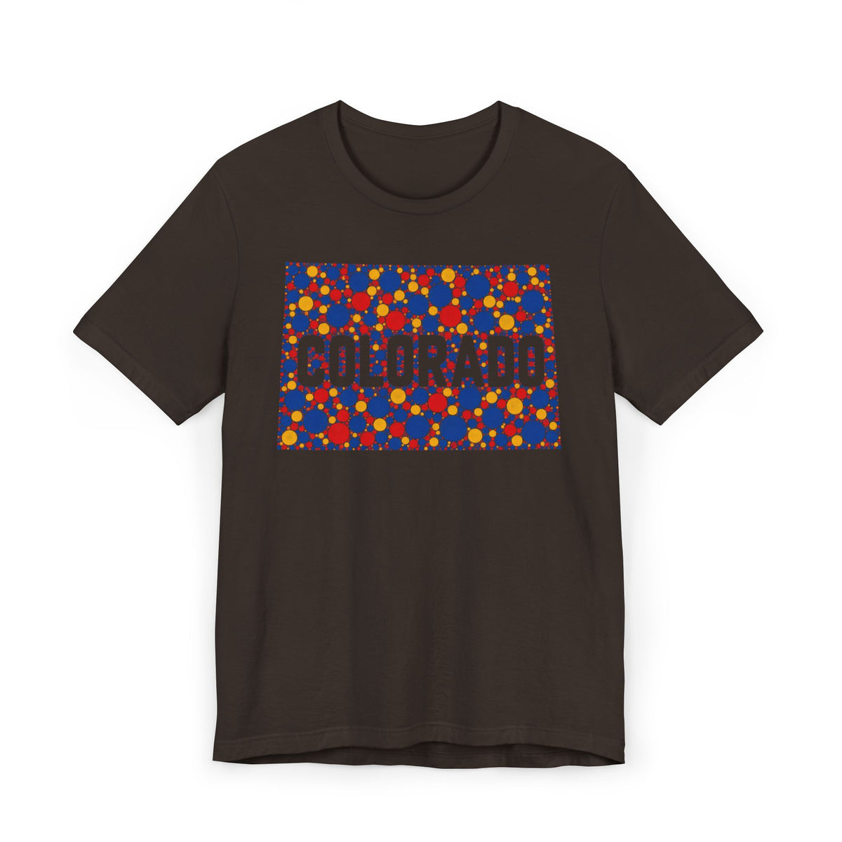 Dark brown T-shirt with patterned COLORADO graphic on front