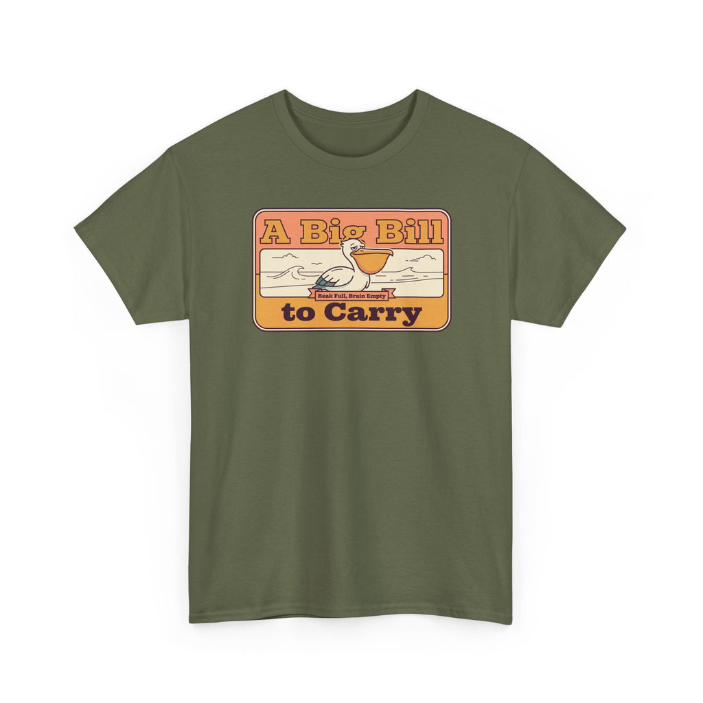 Military green T-shirt with retro pelican graphic on the front