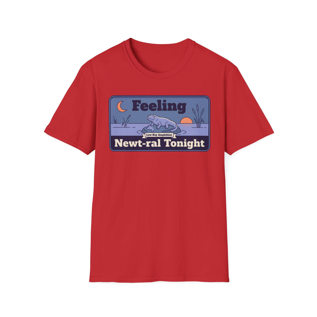 Red crew-neck t-shirt featuring a framed “Feeling Newt-ral Tonight” newt graphic.