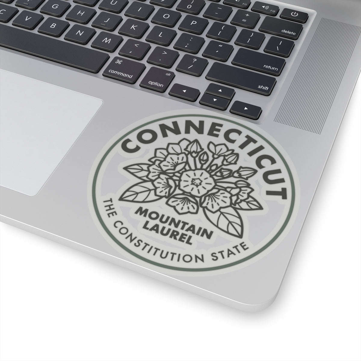 Circular Connecticut seal sticker with mountain laurel line art on a laptop lid