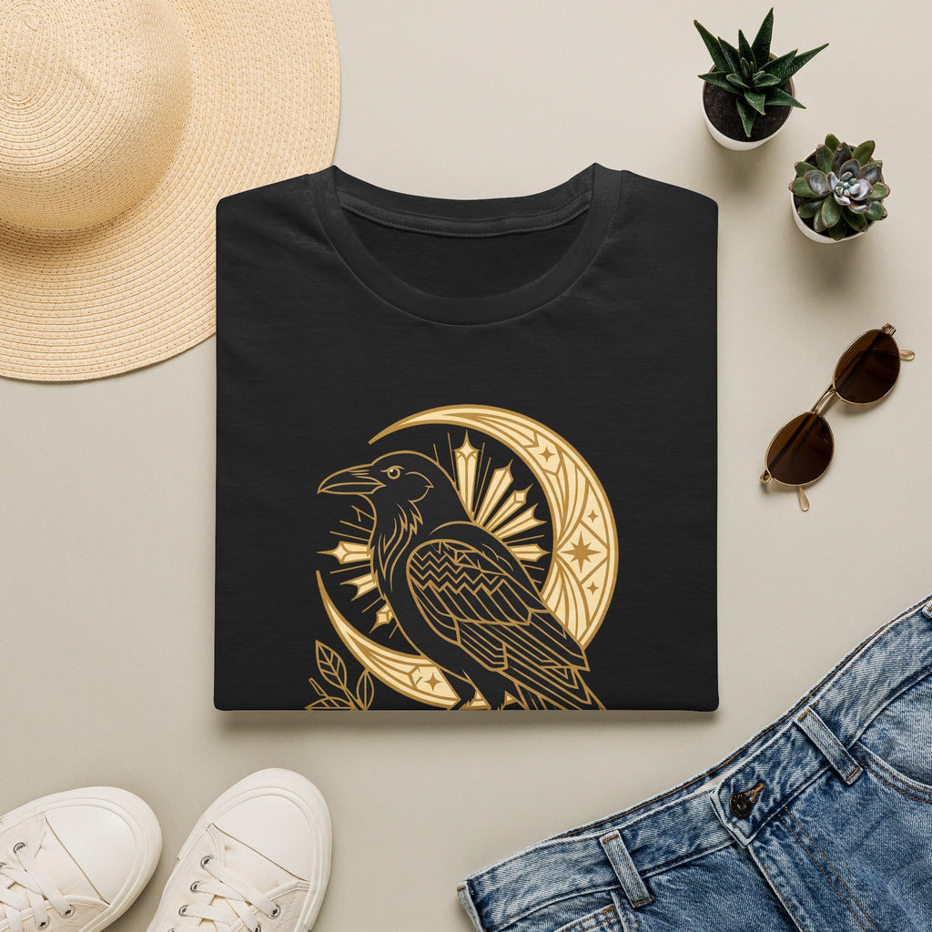 Black raven graphic T-shirt with gold crescent moon and Nevermore emblem