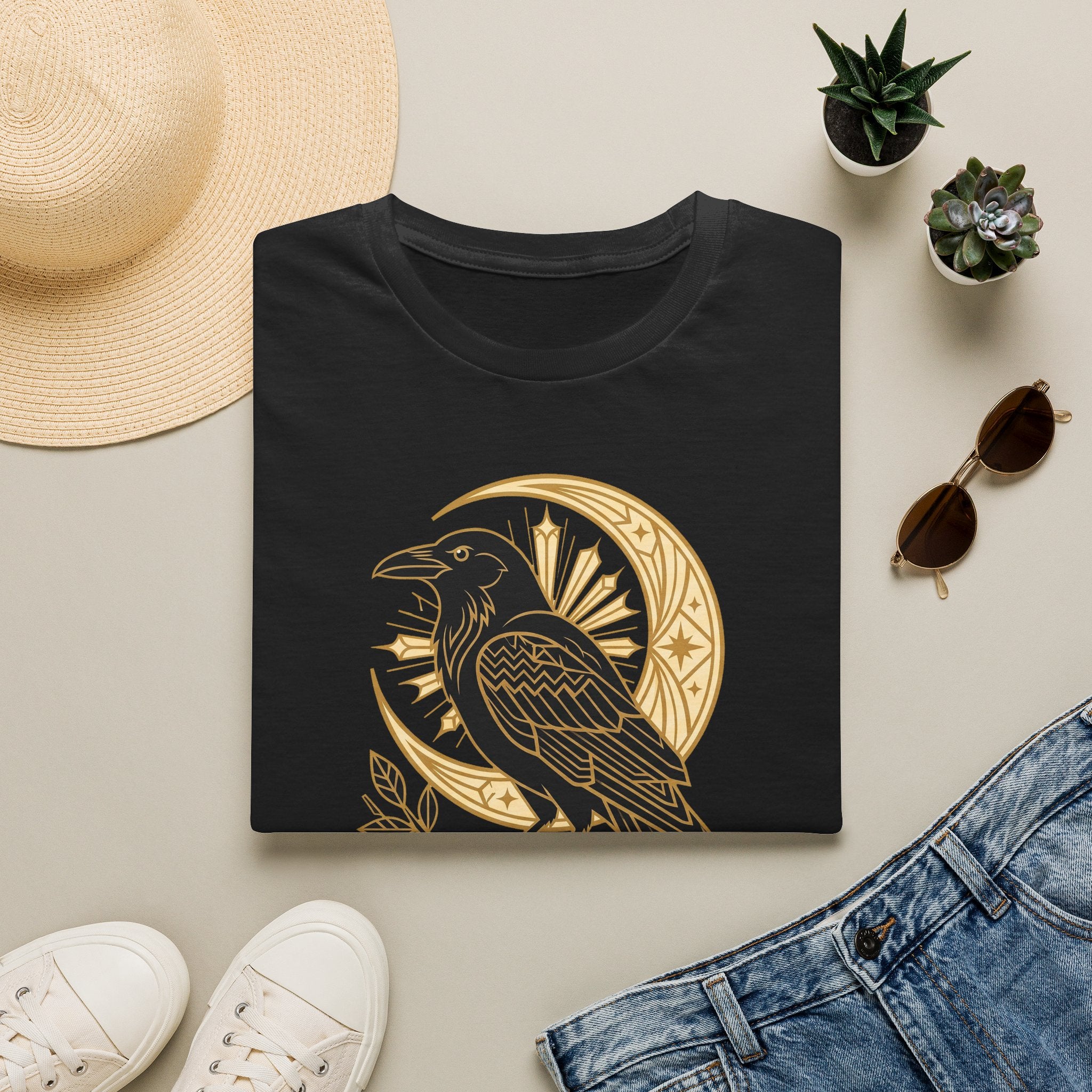 Black raven graphic T-shirt with gold crescent moon and Nevermore emblem