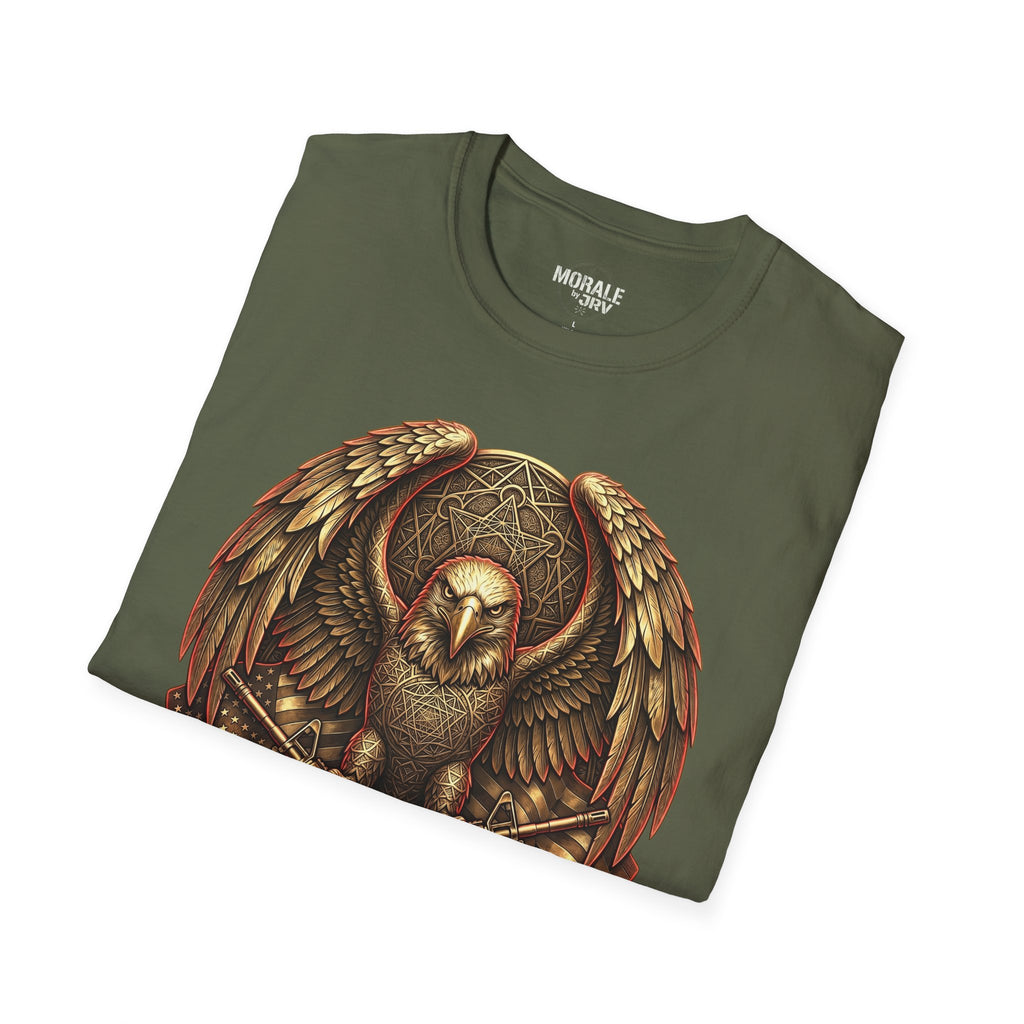 Military green T-shirt with warrior owl in shield, wings, and crossed axes art