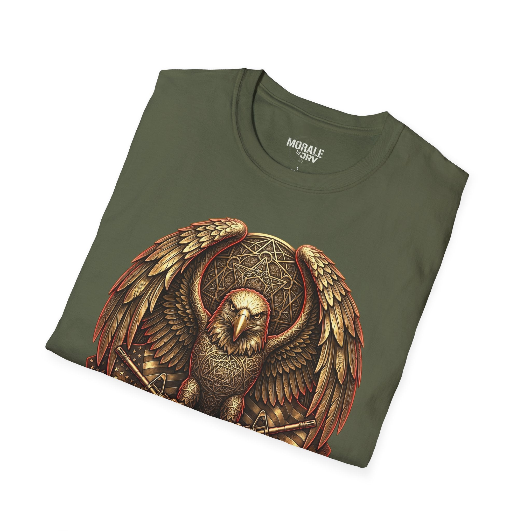 Military green T-shirt with warrior owl in shield, wings, and crossed axes art
