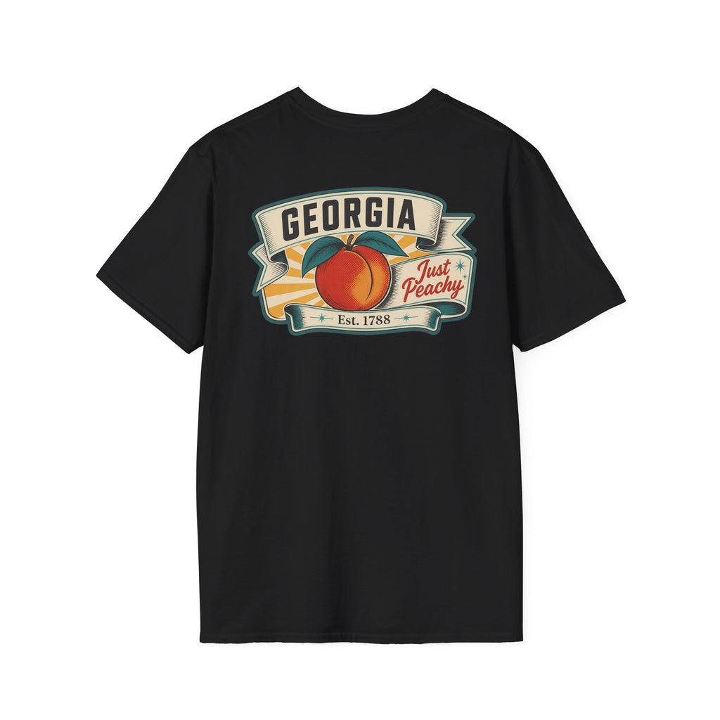 Black T-shirt with Georgia badge logo and peach fruit graphic on front