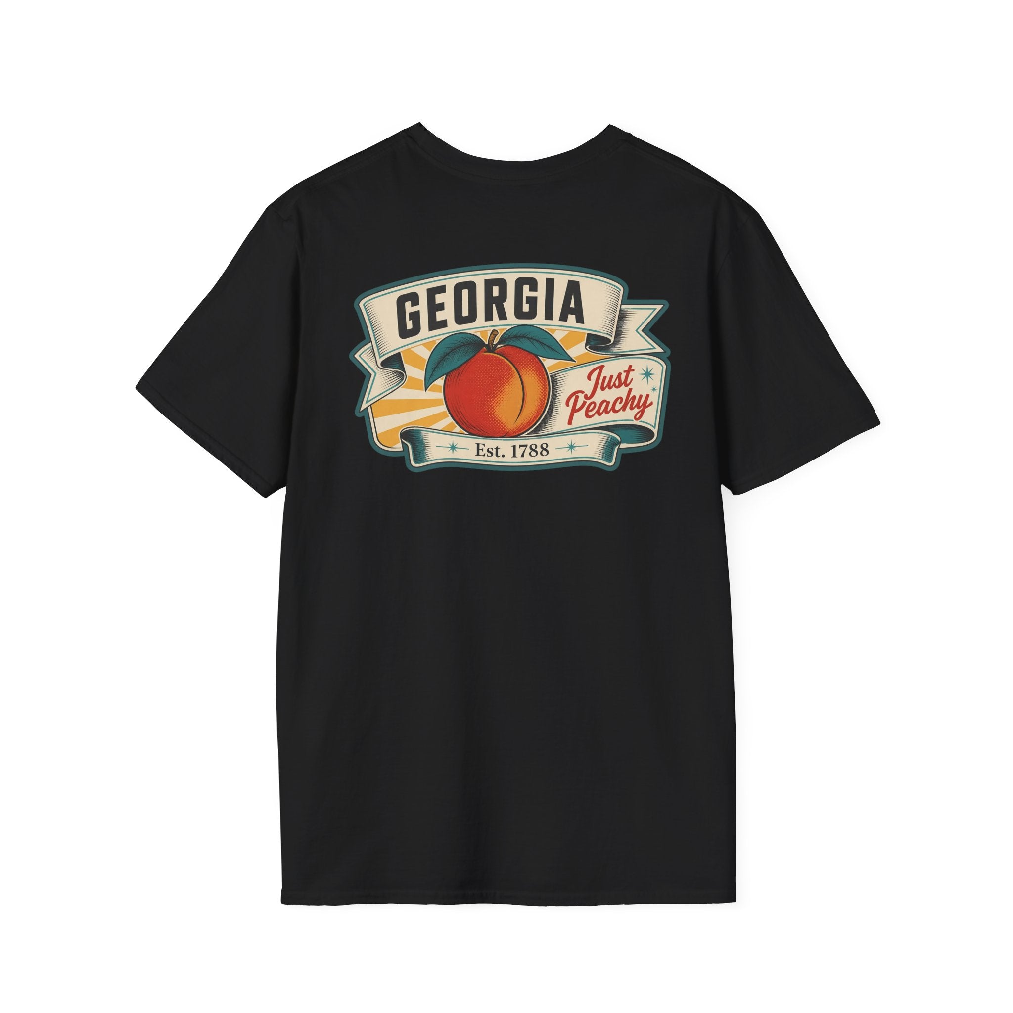 Black T-shirt with Georgia badge logo and peach fruit graphic on front