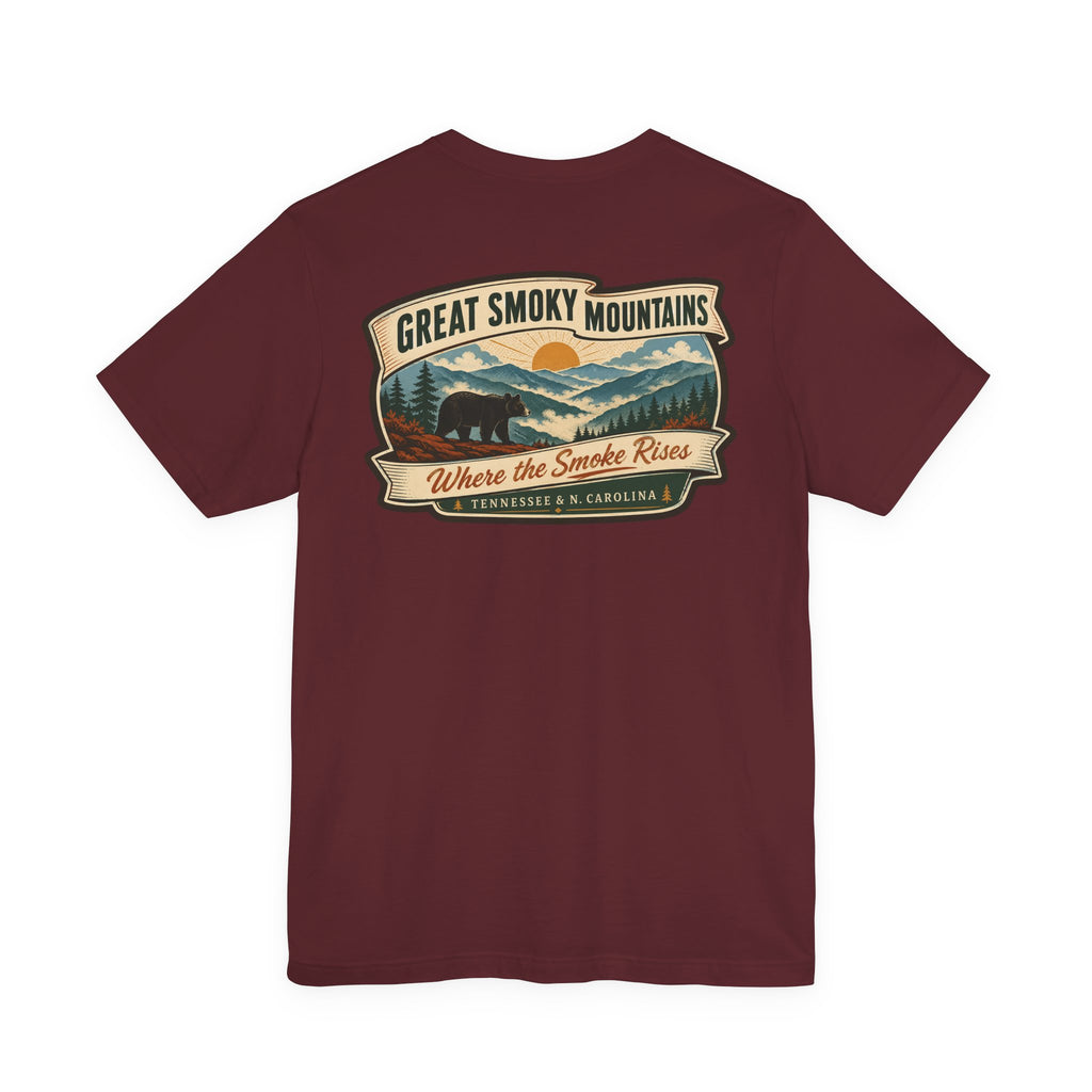 Burgundy short-sleeve t-shirt with large retro mountain graphic on chest
