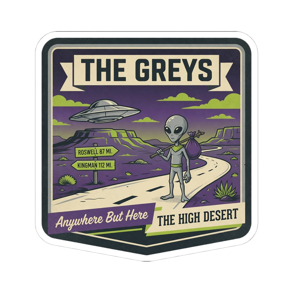 Die-cut sticker featuring gray alien holding a hand up, UFO in desert sky.