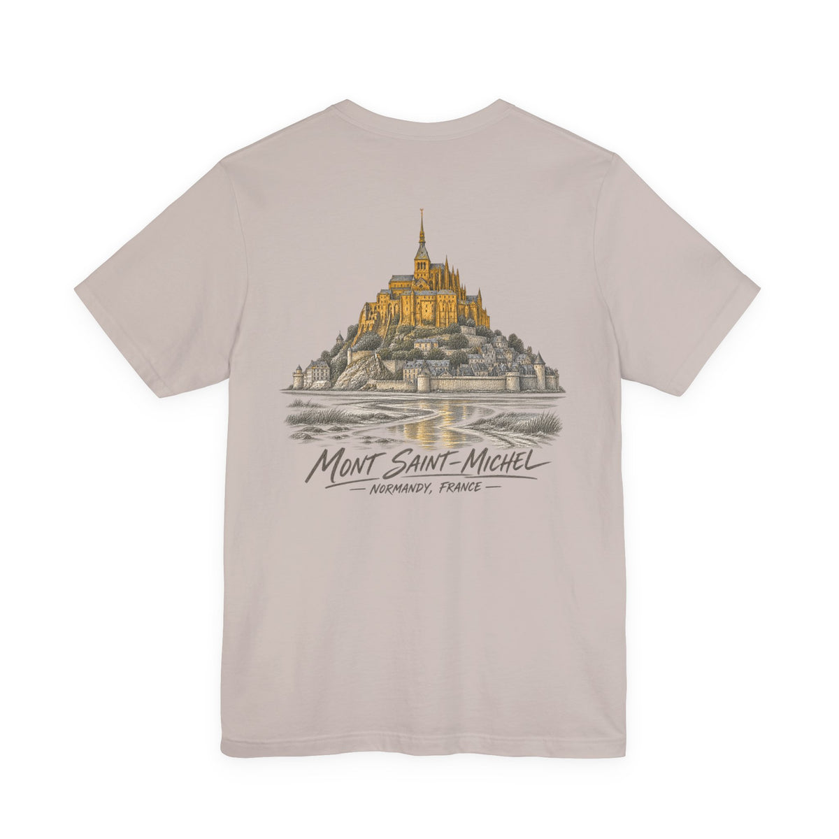 Light pink crew neck T-shirt with Mont Saint-Michel illustrated landmark on center chest