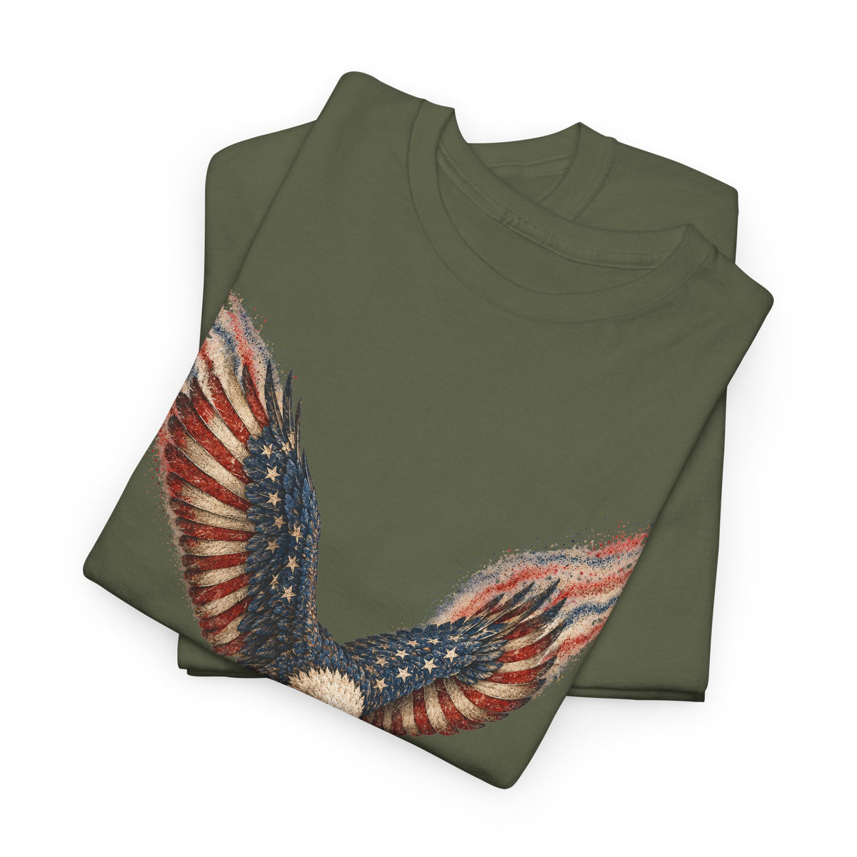 Olive green T-shirt with distressed American flag eagle wing graphic