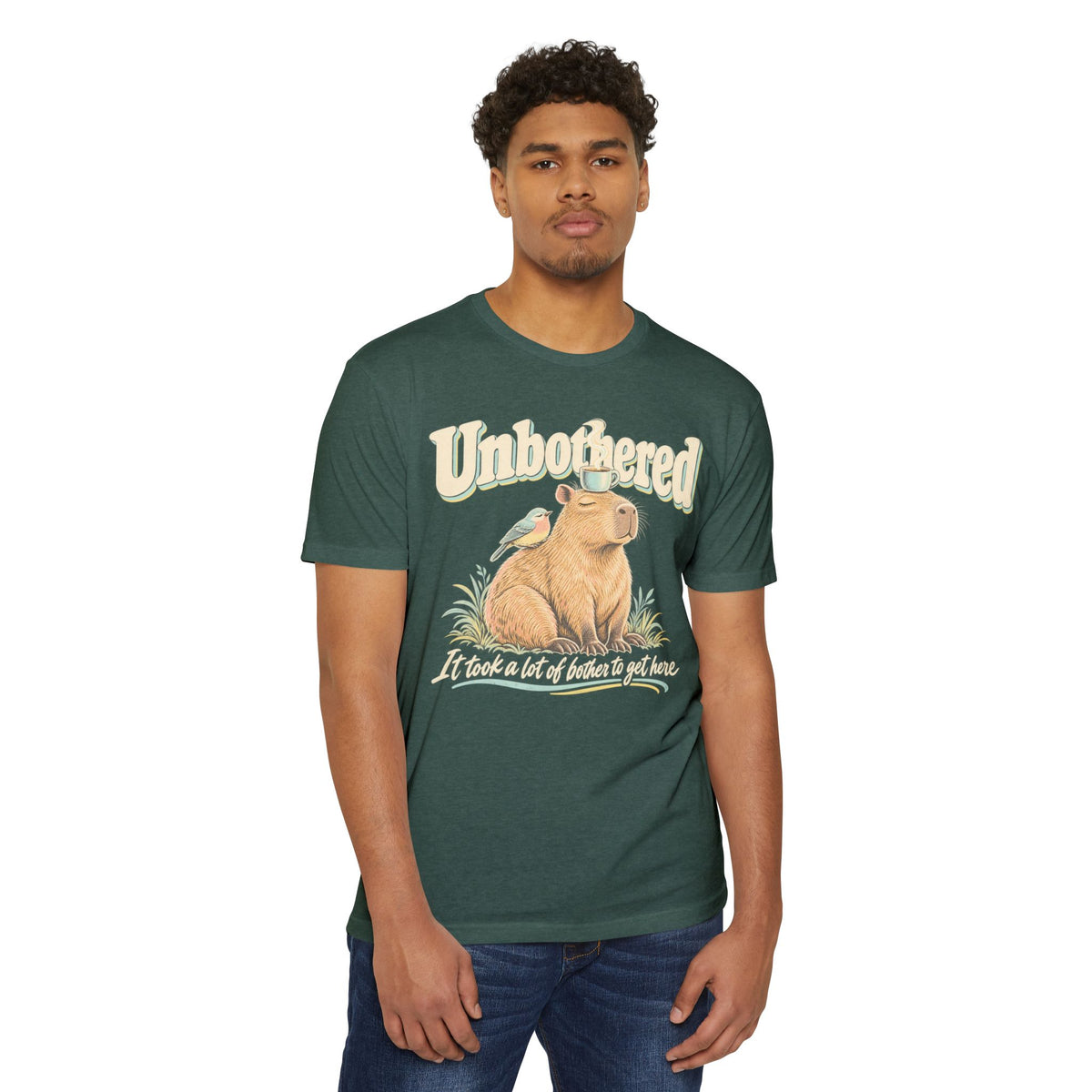 Capybara coffee T-shirt in dark green, front capybara holding coffee cup graphic on model