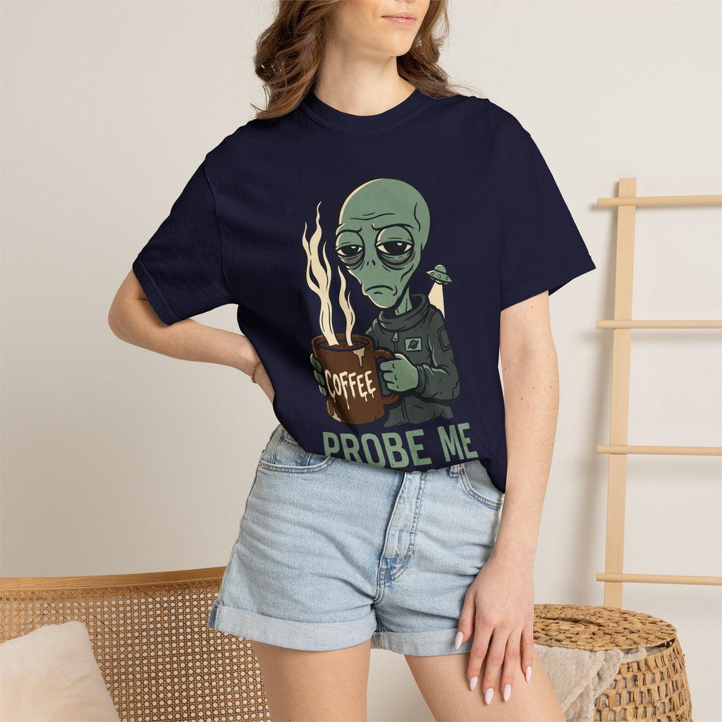 Navy alien coffee T-shirt on model, 'PROBE ME' text under alien holding coffee