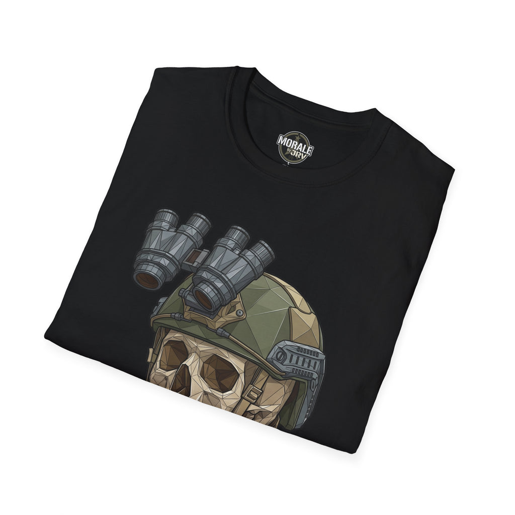 Black NVG tactical helmet graphic T-shirt with brand logo at collar