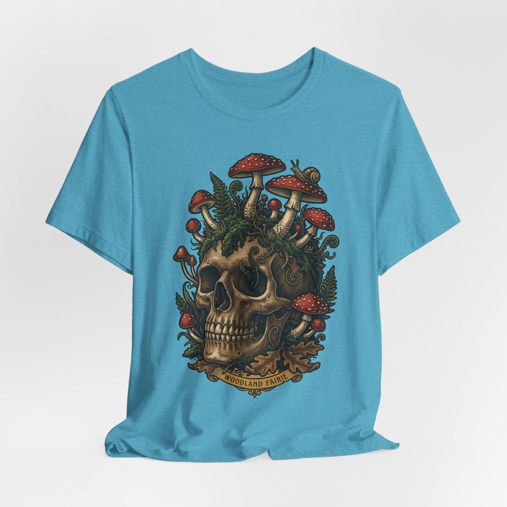 Mushroom skull T-shirt front, turquoise heather with woodland skull and mushrooms graphic