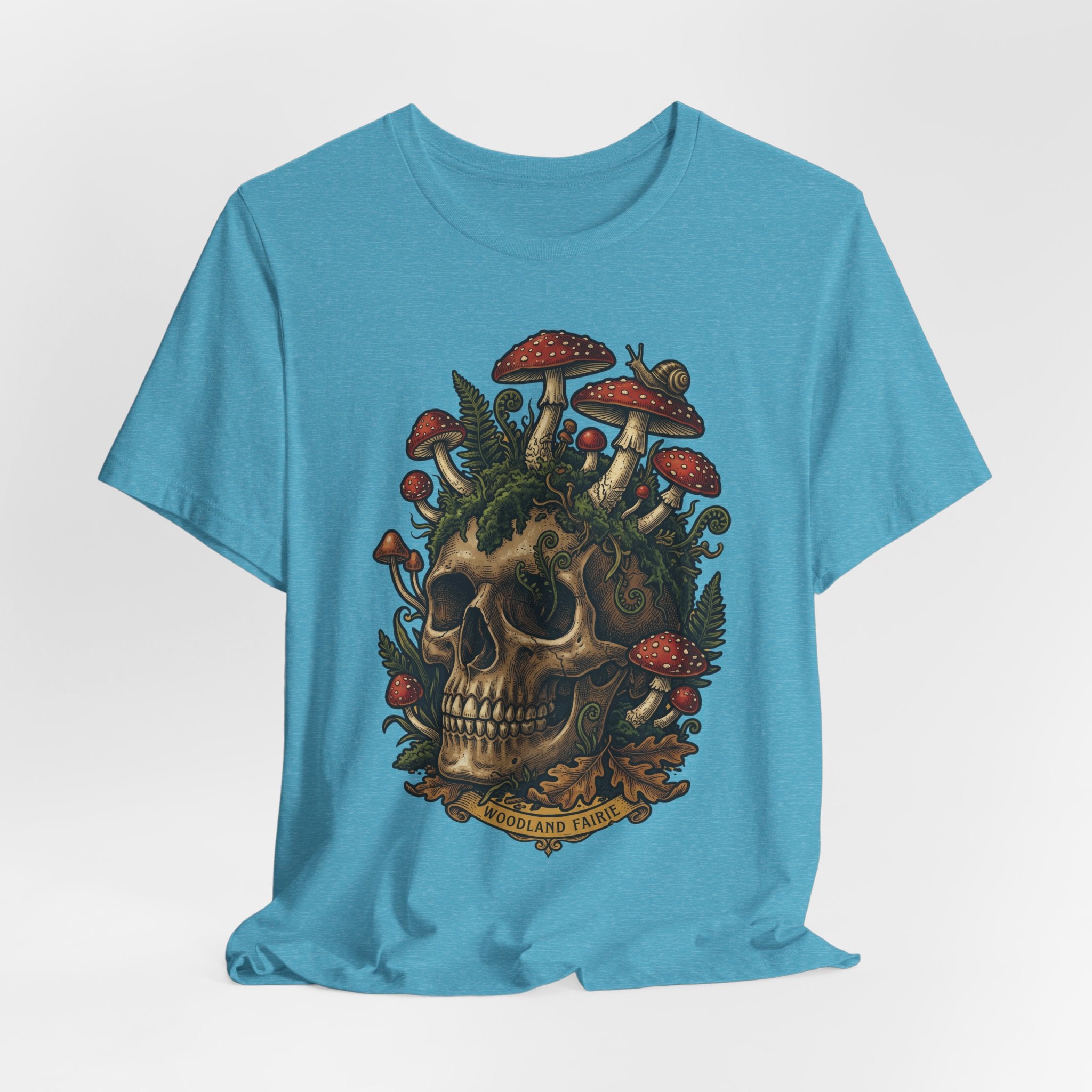 Mushroom skull T-shirt front, turquoise heather with woodland skull and mushrooms graphic