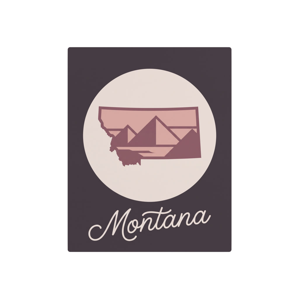 Mauve Montana silhouette metal wall art with cursive Montana text, square dark plaque