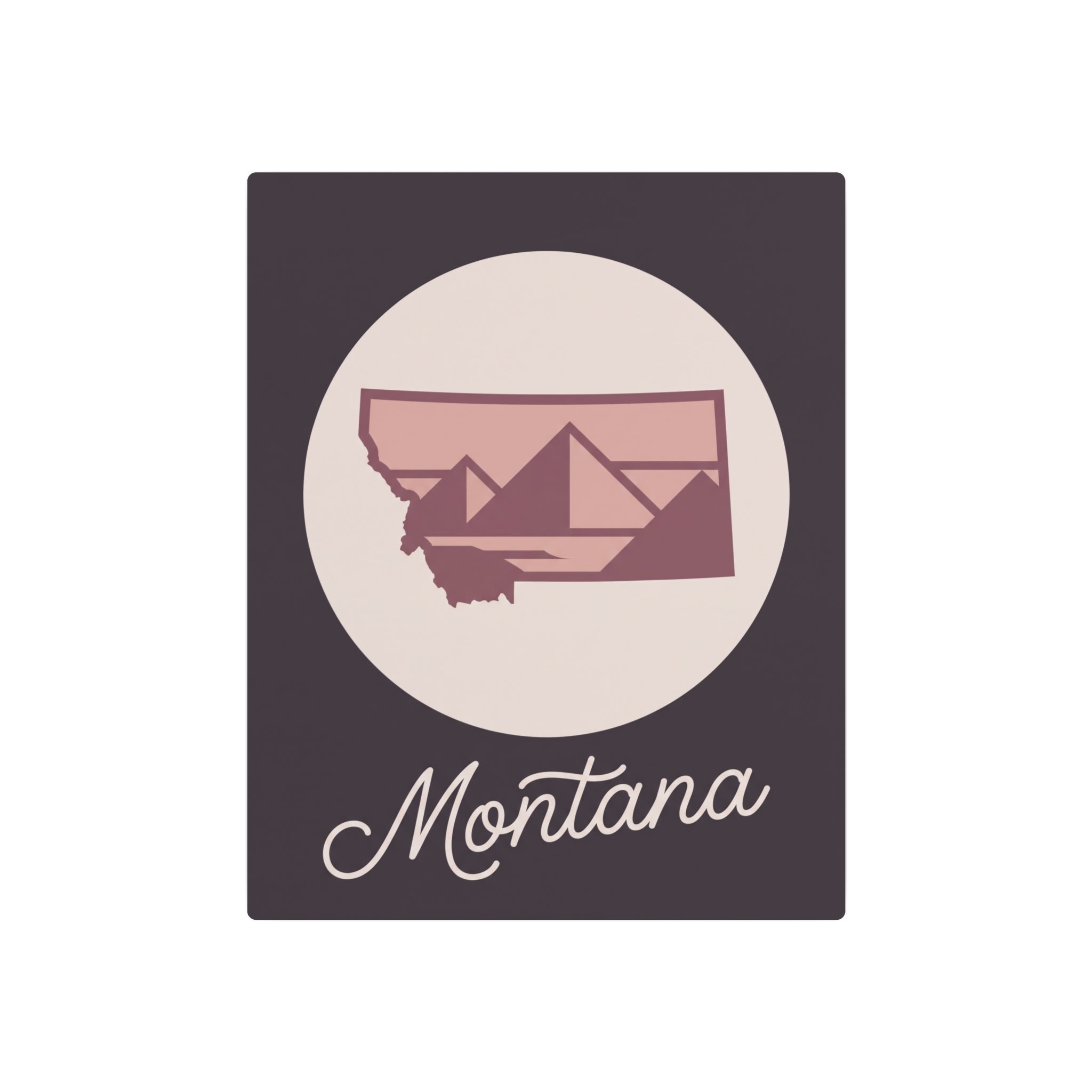 Mauve Montana silhouette metal wall art with cursive Montana text, square dark plaque
