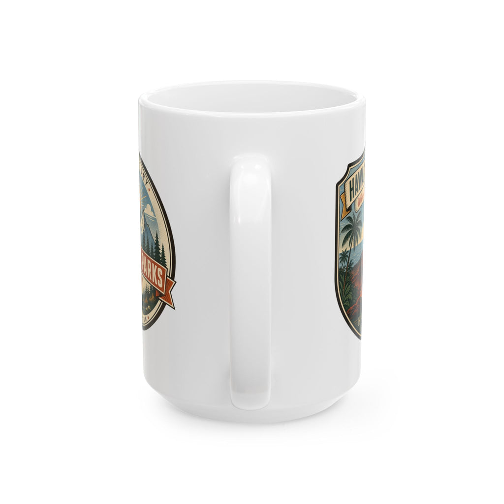 White ceramic mug with Hawaii Volcanoes graphic on both sides
