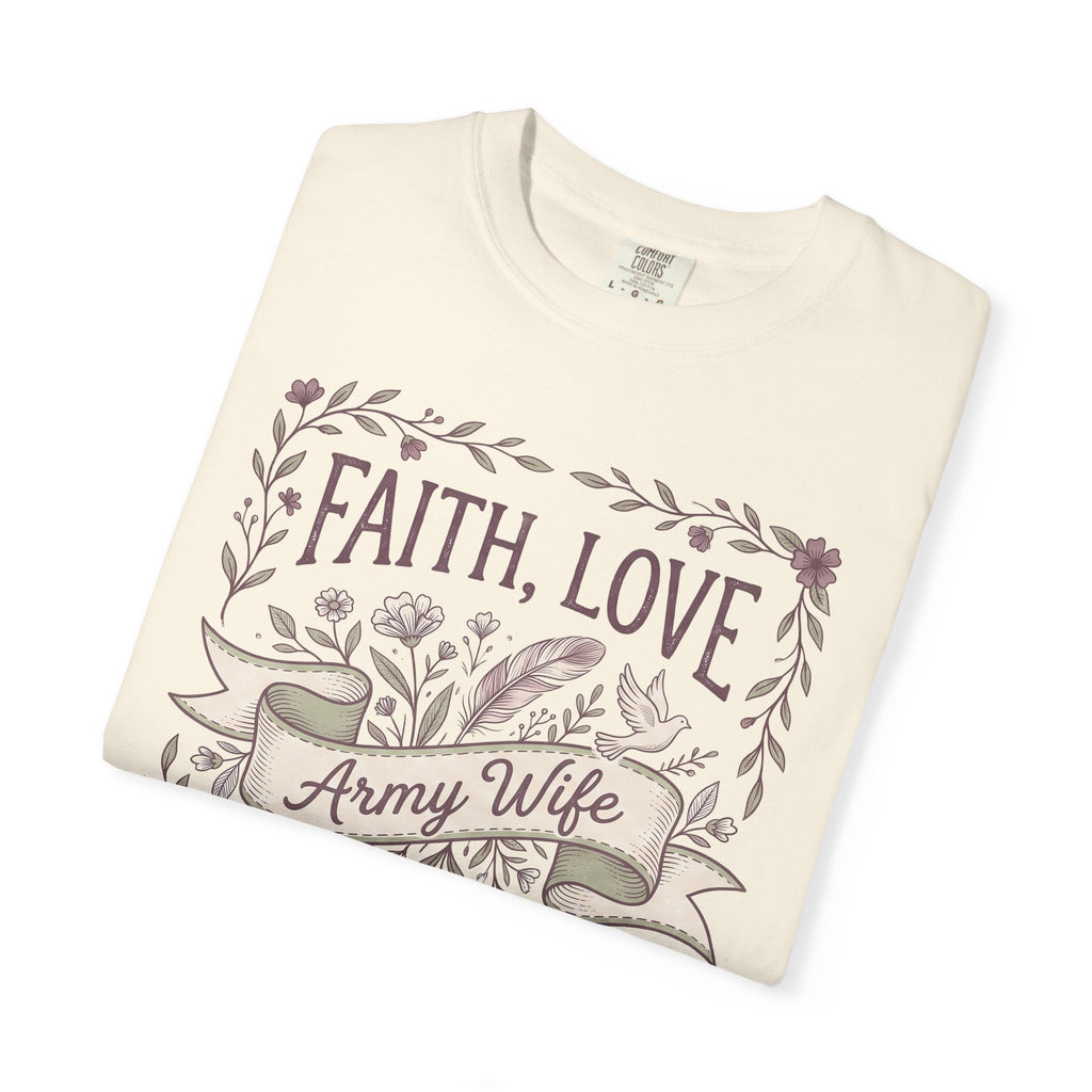 Ivory crewneck T-shirt with floral 'Faith, Love' and ribbon 'Army Wife' front graphic.
