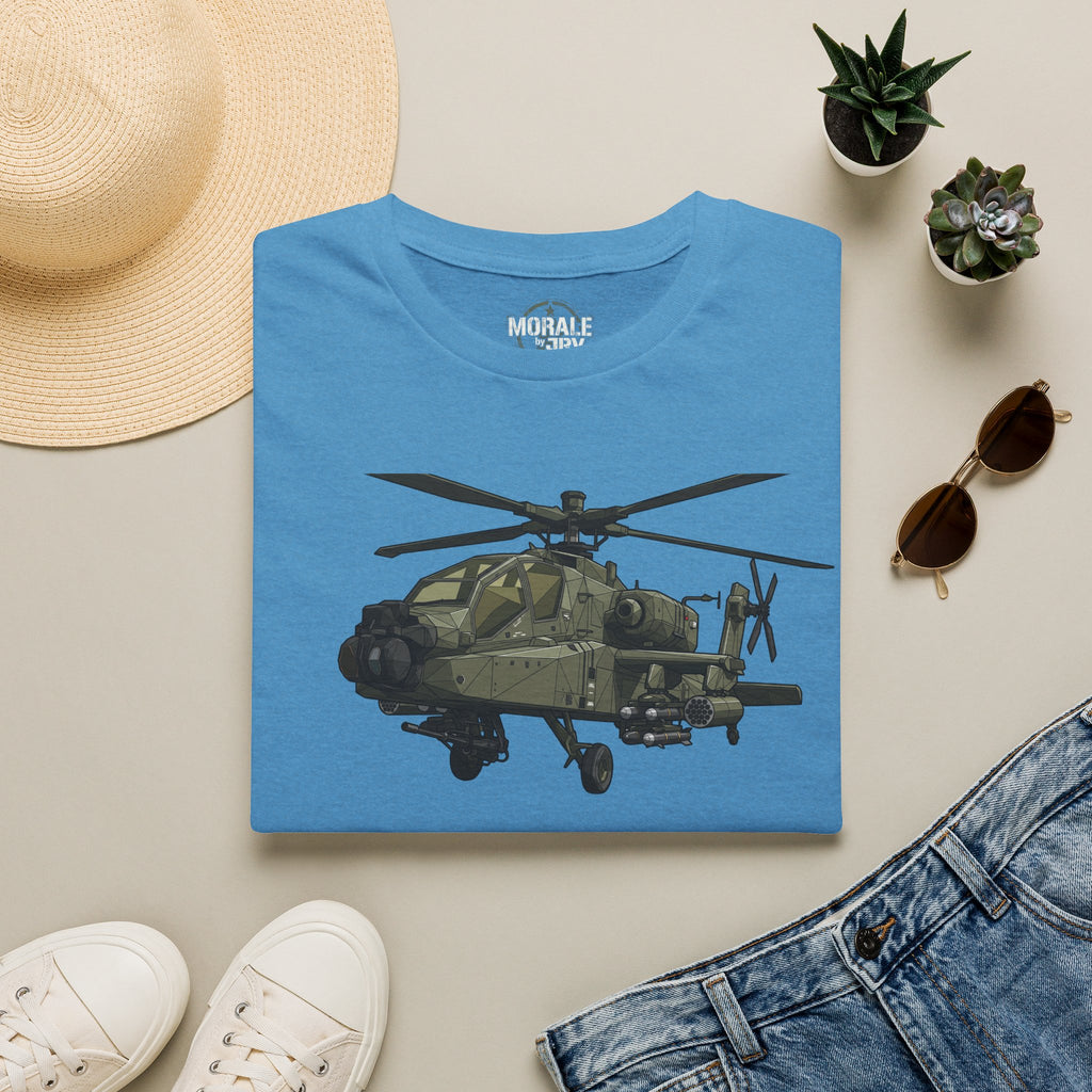 Blue AH-64 Apache helicopter t-shirt with front helicopter graphic